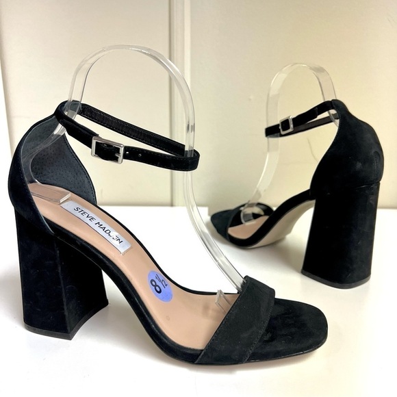 STEVE MADDEN Dillion essential Block-Heel Sandals black leather suede women 8.5 - Picture 3 of 11